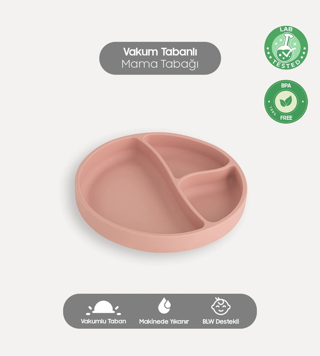 3 Bölmeli Vakumlu Silikon Mama Tabağı Pembe