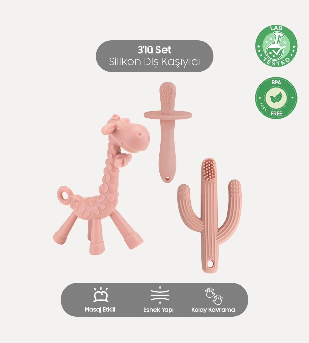 3'lü Silikon Diş Kaşıyıcı Set Pembe