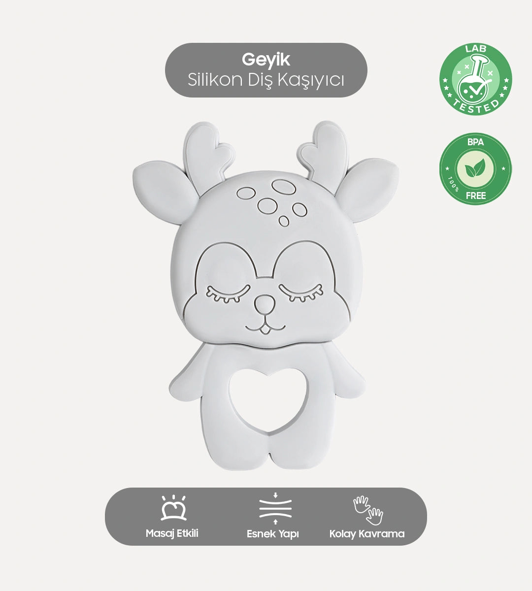Geyik Figürlü Silikon Diş Kaşıyıcı Gri