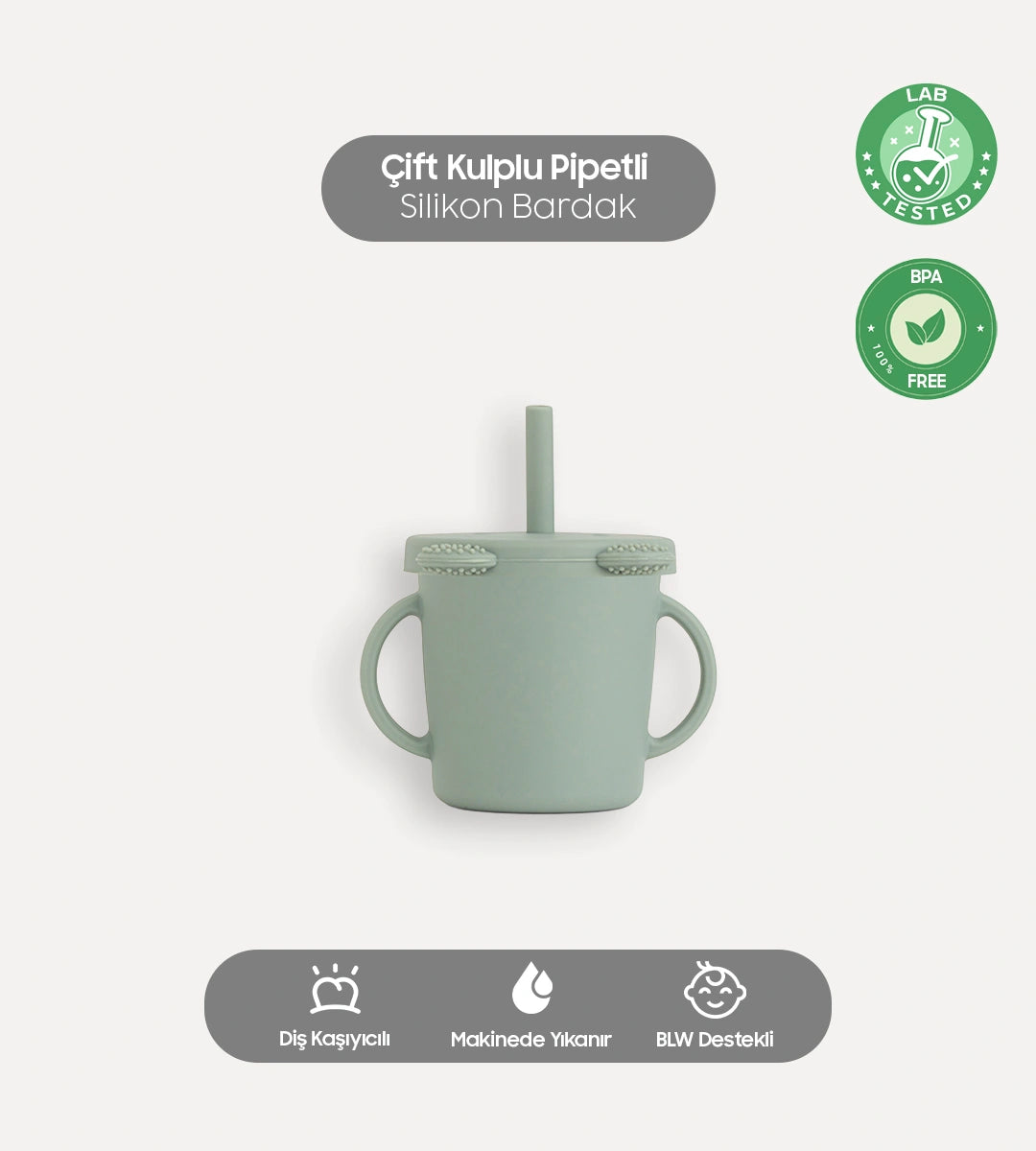 Çift Kulplu Pipetli Silikon Bardak Yeşil