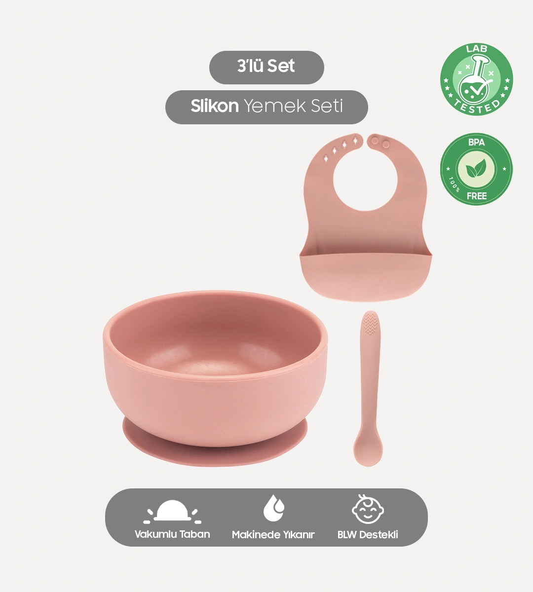 3'lü Silikon Bebek Beslenme Seti - Kase, Önlük ve Kaşık - Pembe
