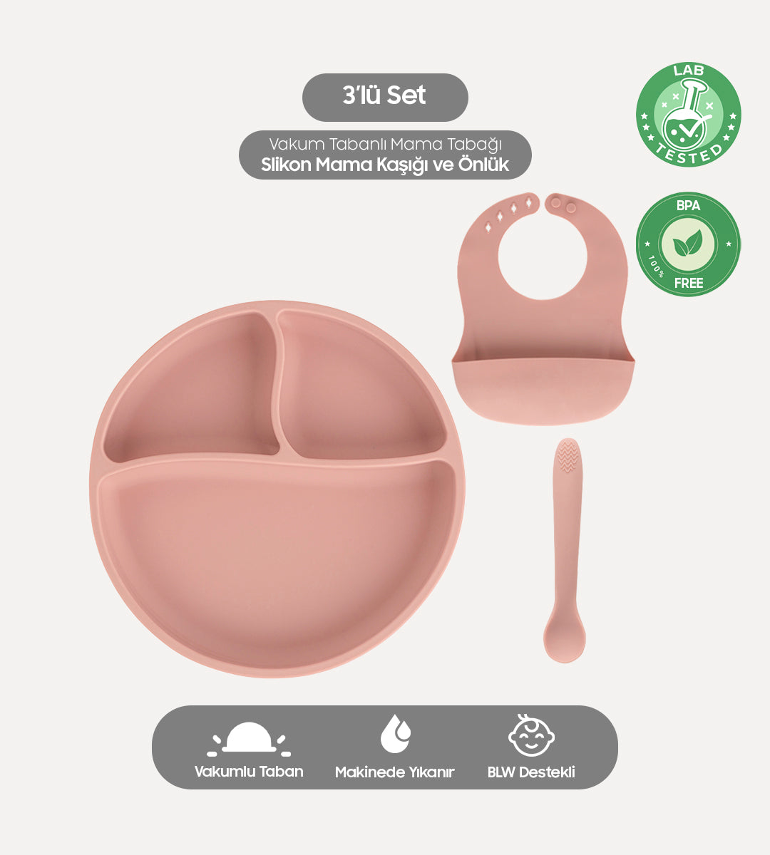 3'lü Silikon Beslenme Seti - Önlük, Tabak ve Kaşık - Pembe