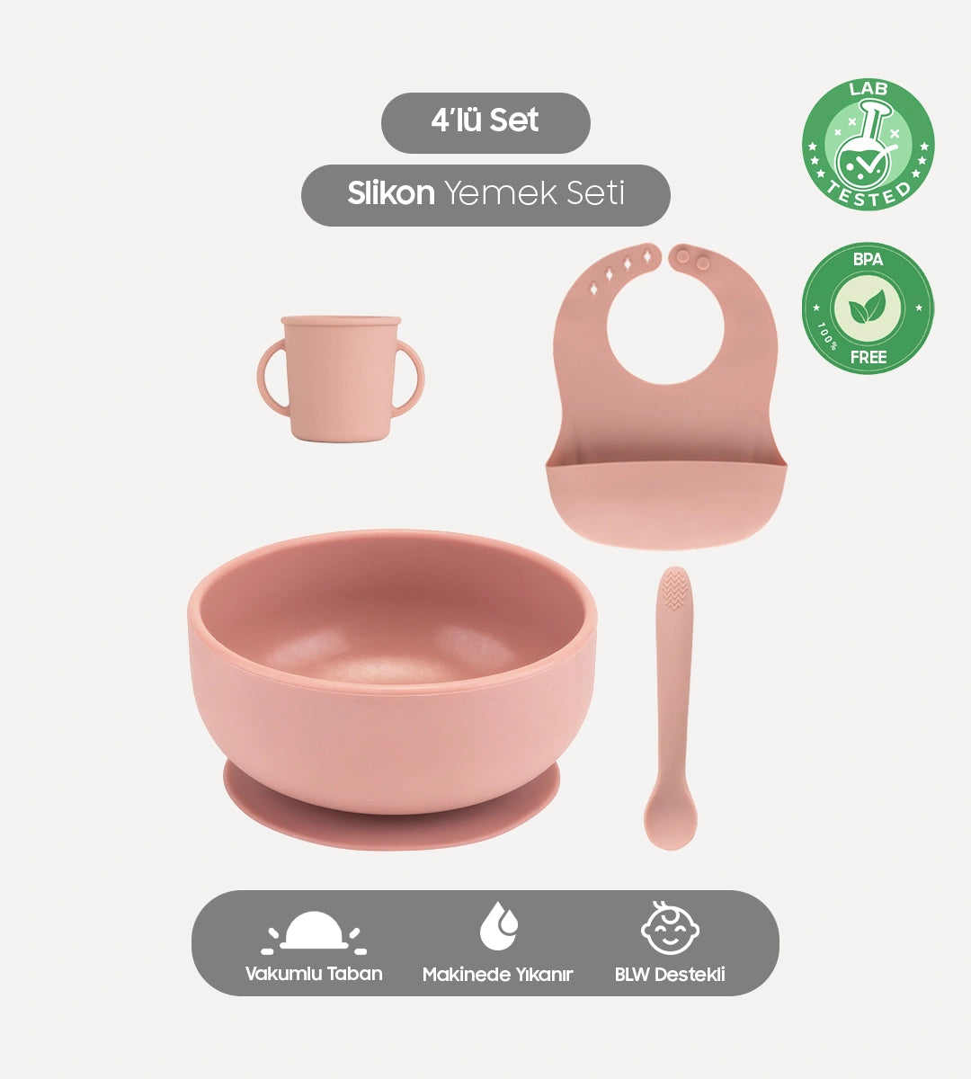 4'lü Silikon Beslenme Seti - Önlük, Kase, Kaşık ve Bardak - Pembe