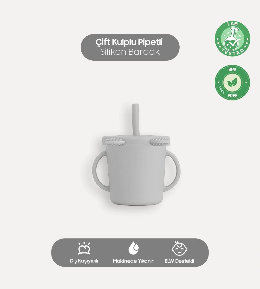 Çift Kulplu Pipetli Silikon Bardak Gri