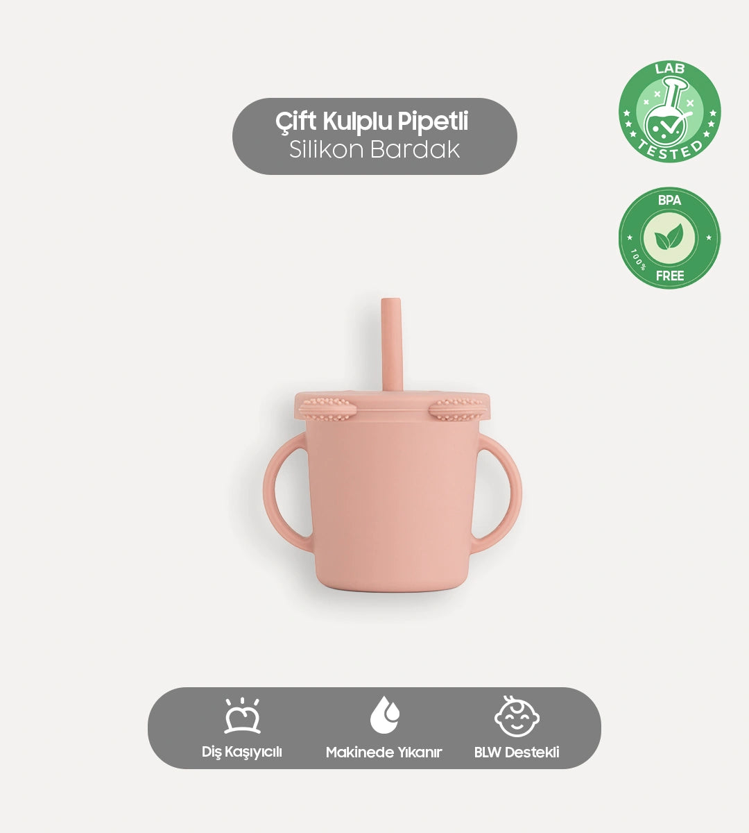 Çift Kulplu Pipetli Silikon Bardak Pembe
