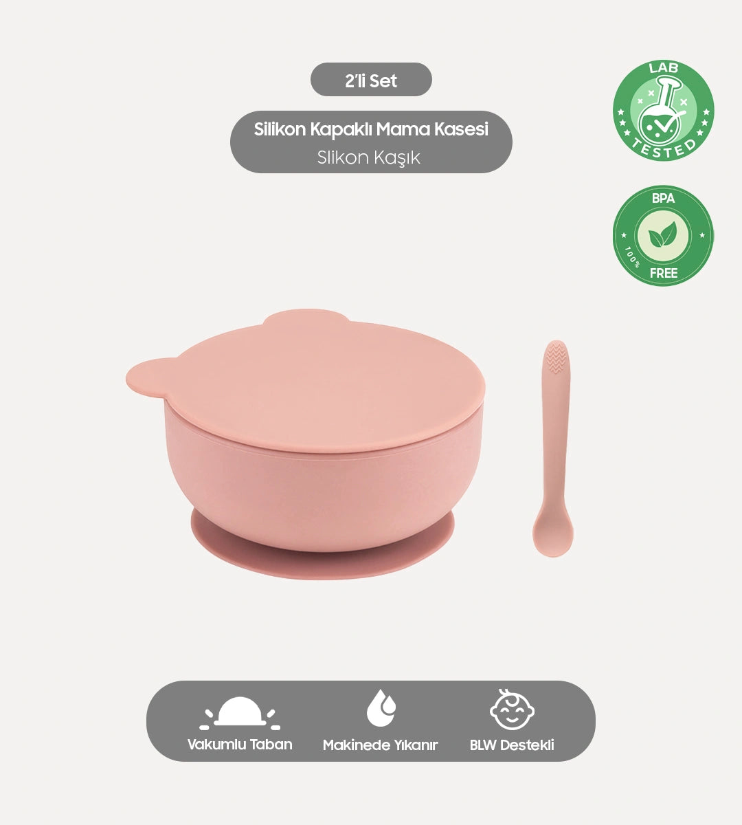 2'li Silikon Bebek Beslenme Seti - Kapaklı Kase ve Kaşık - Pembe